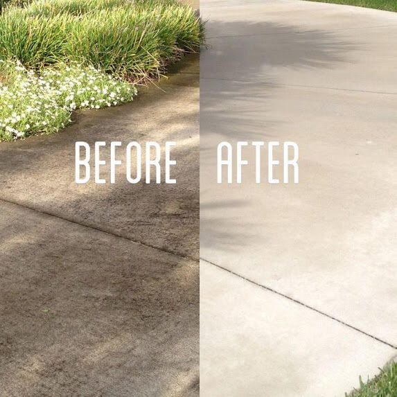 Before and after picture of a pressure washed sidewalk